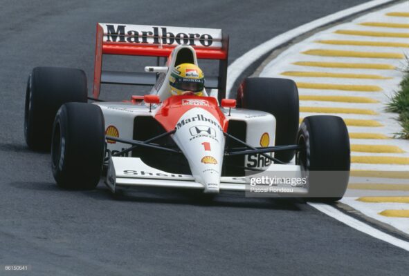 Brazilian racing driver Ayrton Senna (1960 - 1994) competing in the Brazilian Grand Prix at the Interlagos circuit, 24th March 1991. Senna wonthe race in a McLaren-Honda. (Photo by Pascal Rondeau/Getty Images)