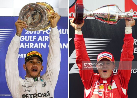 (COMBO) This combination of file pictures made on November 15, 2020, shows Mercedes AMG Petronas British driver Lewis Hamilton (L) celebrating winning the Formula One Bahrain Grand Prix, on April 19, 2015, in Manama; and Ferrari's German driver Michael Schumacher celebrating winning the Grand Prix of Europe on May 7, 2006, in Nurburg. - Lewis Hamilton on November 15, 2020, won his seventh Formula One world title to equal the all-time record held by Michael Schumacher. (Photo by Marwan NAAMANI and Damien MEYER / AFP) (Photo by MARWAN NAAMANI,DAMIEN MEYER/AFP via Getty Images)